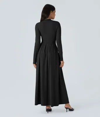 Stand Collar Long Sleeve Flare Maxi Dress