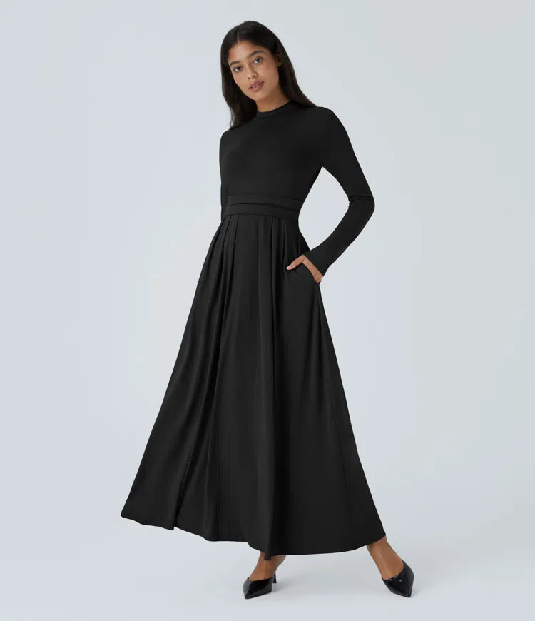 Stand Collar Long Sleeve Flare Maxi Dress