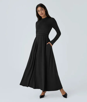 Stand Collar Long Sleeve Flare Maxi Dress