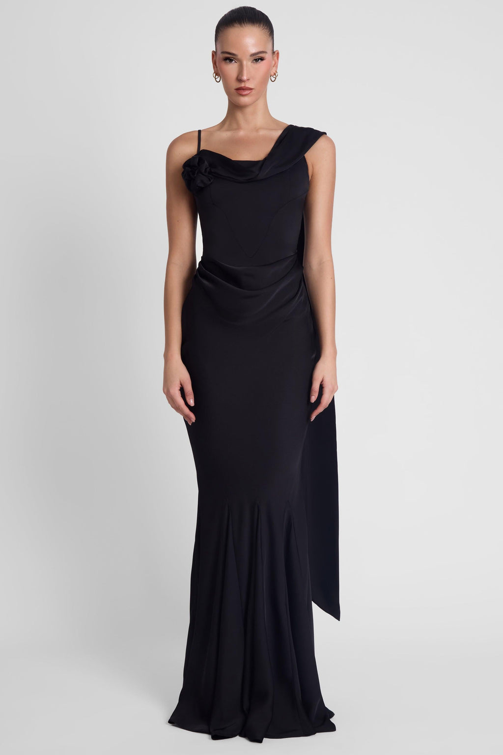 Celine Corset Drape Satin Gown - Black