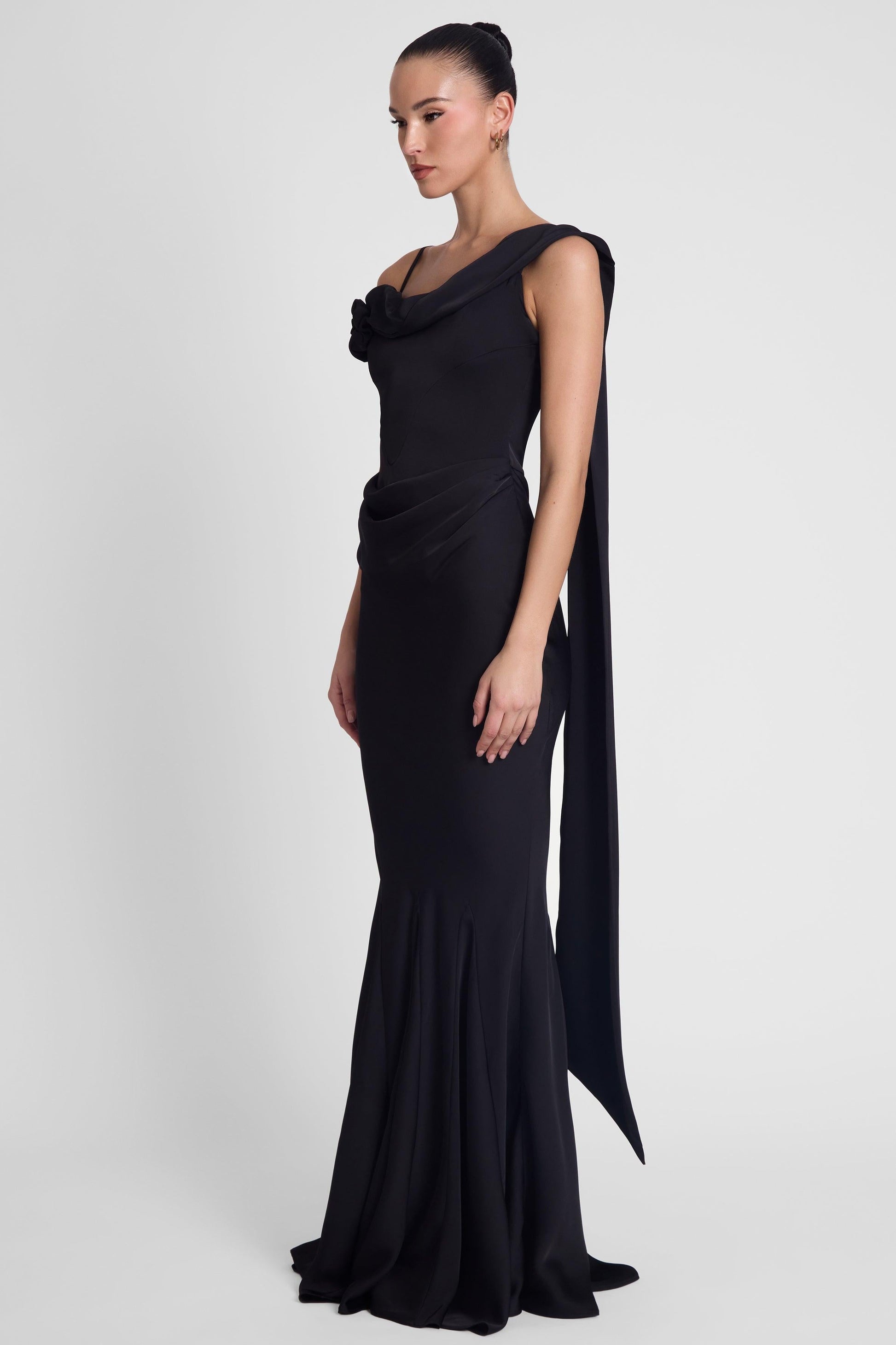 Celine Corset Drape Satin Gown - Black
