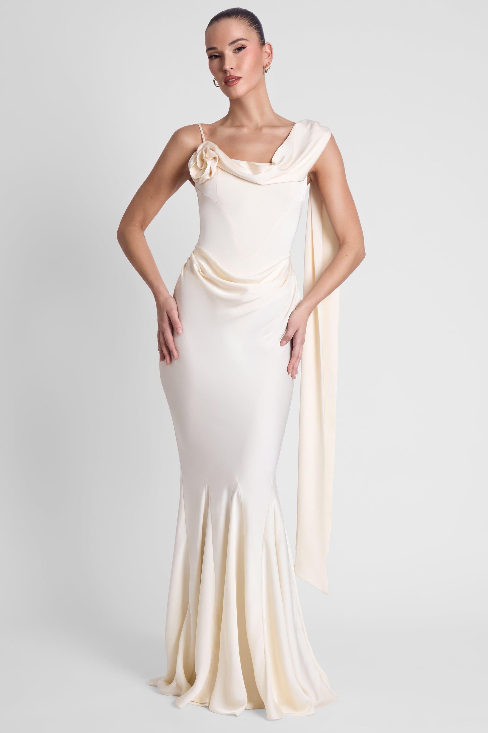 Celine Corset Drape Satin Gown - Ivory