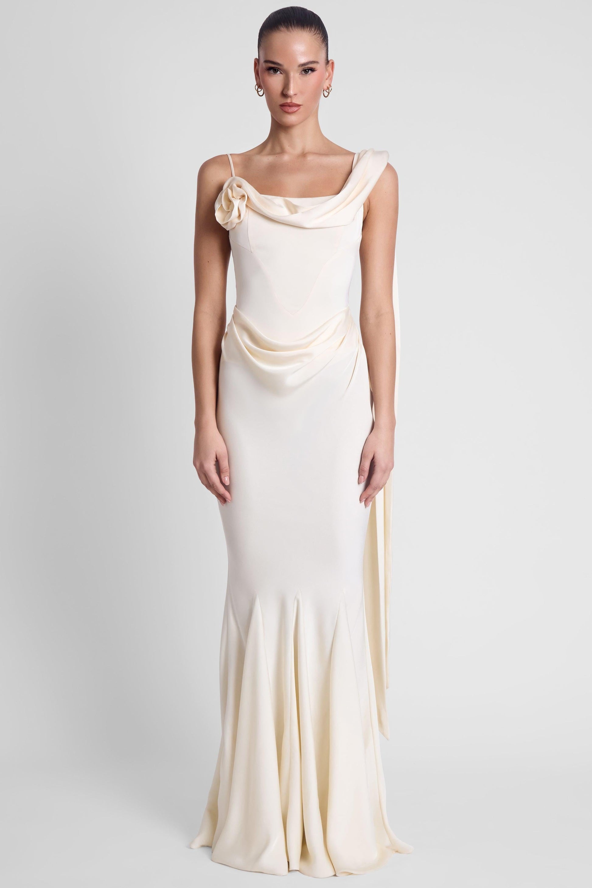 Celine Corset Drape Satin Gown - Ivory
