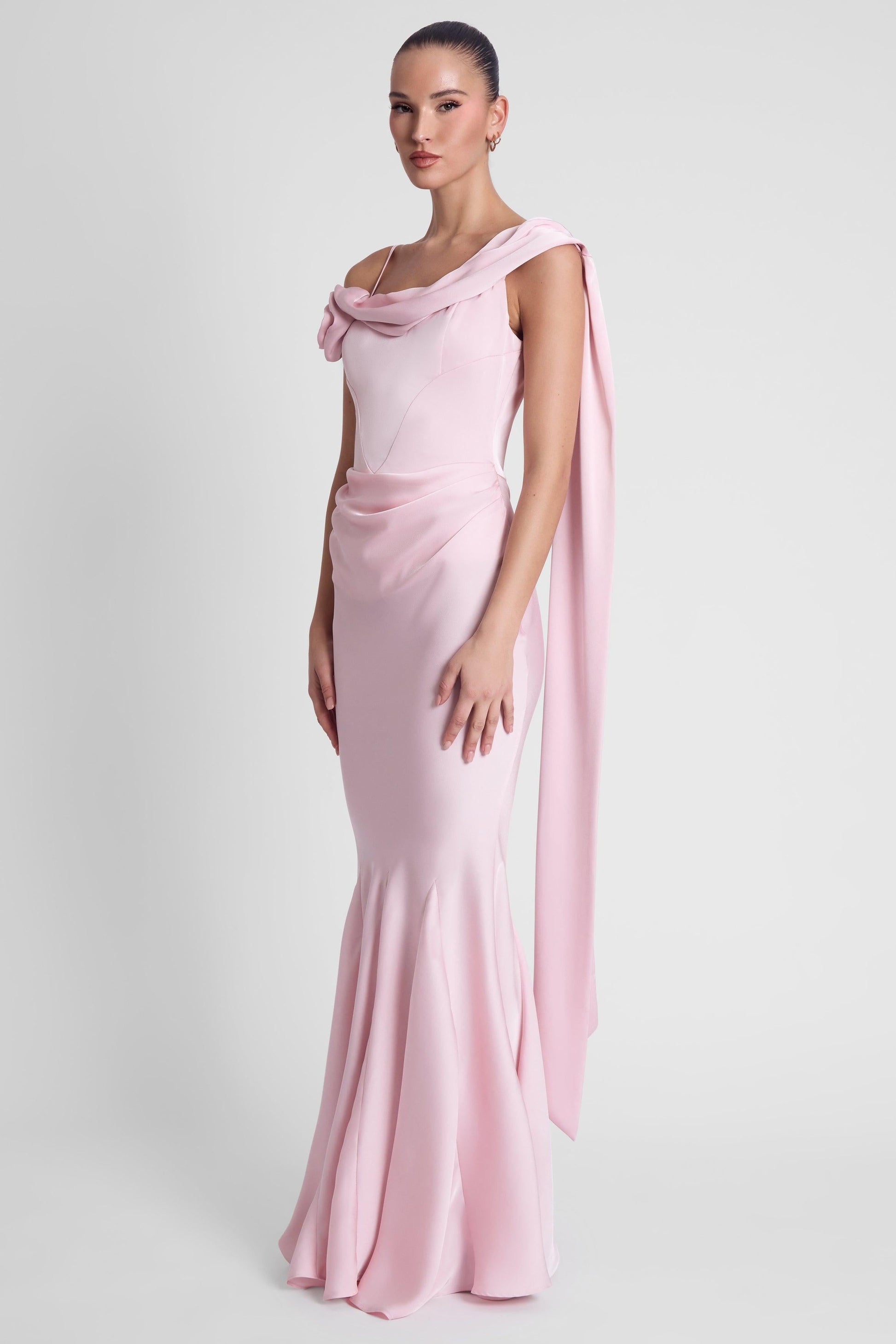 Celine Corset Drape Satin Gown - Pink