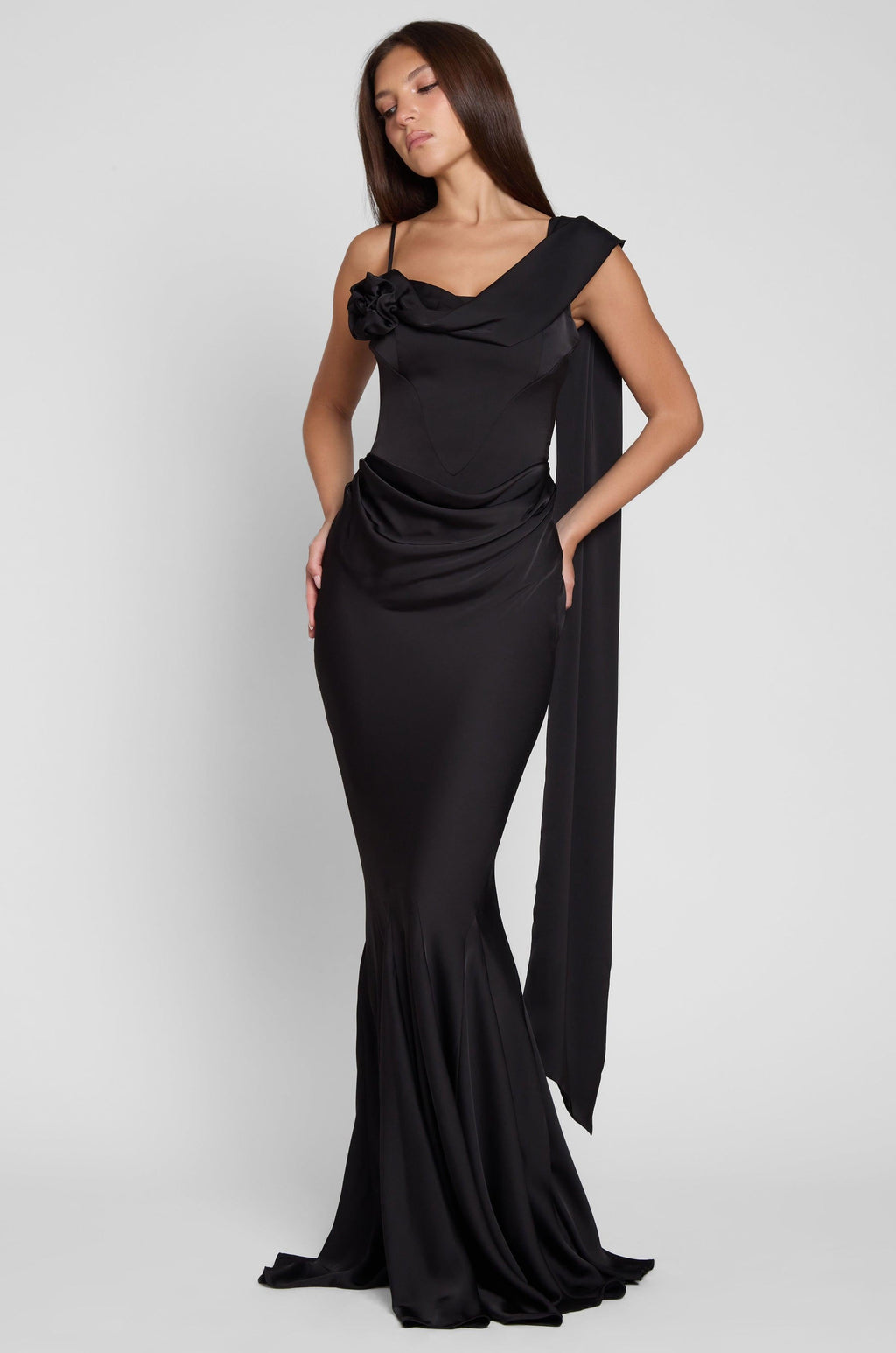 Celine Corset Drape Satin Gown - Black