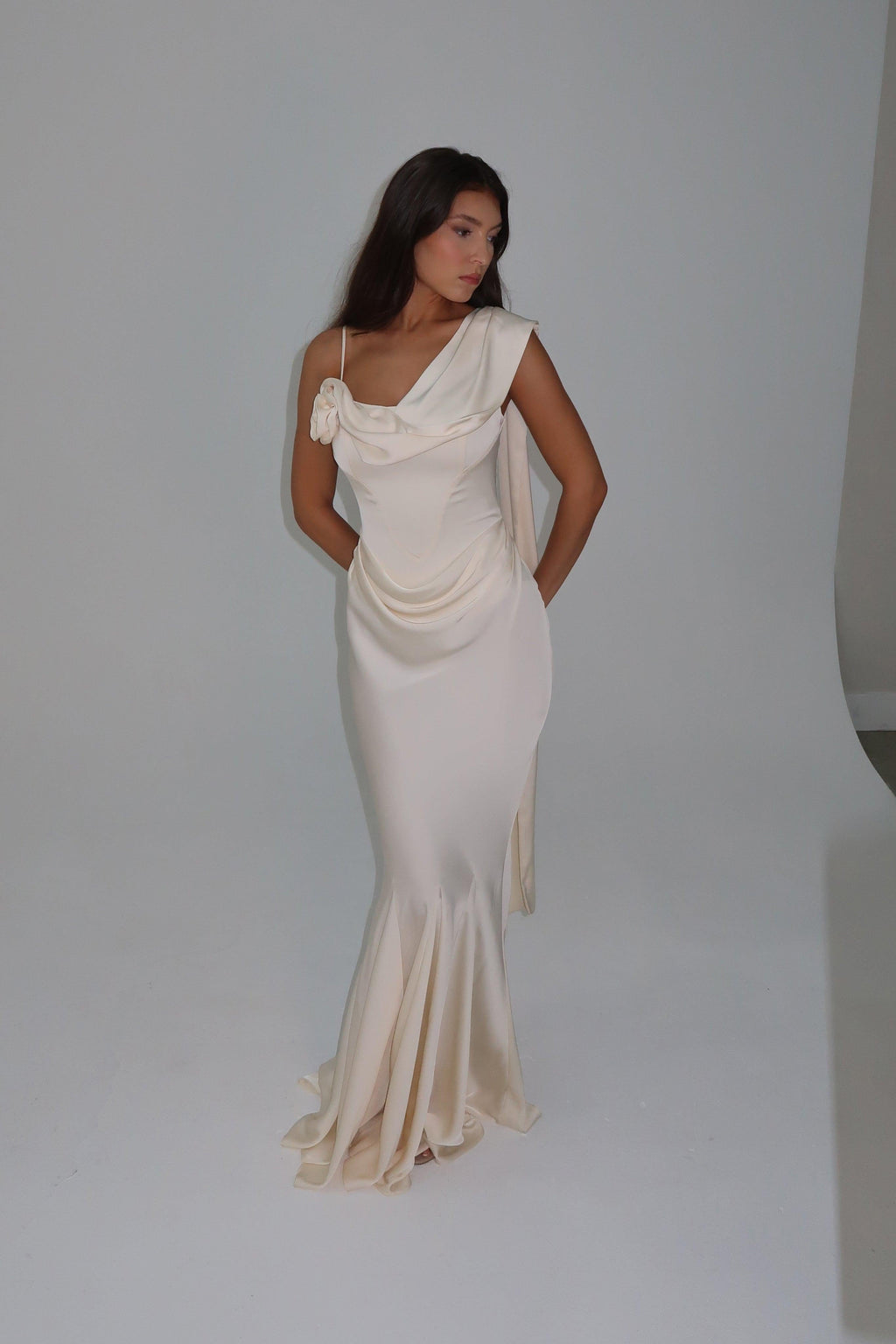 Celine Corset Drape Satin Gown - Ivory