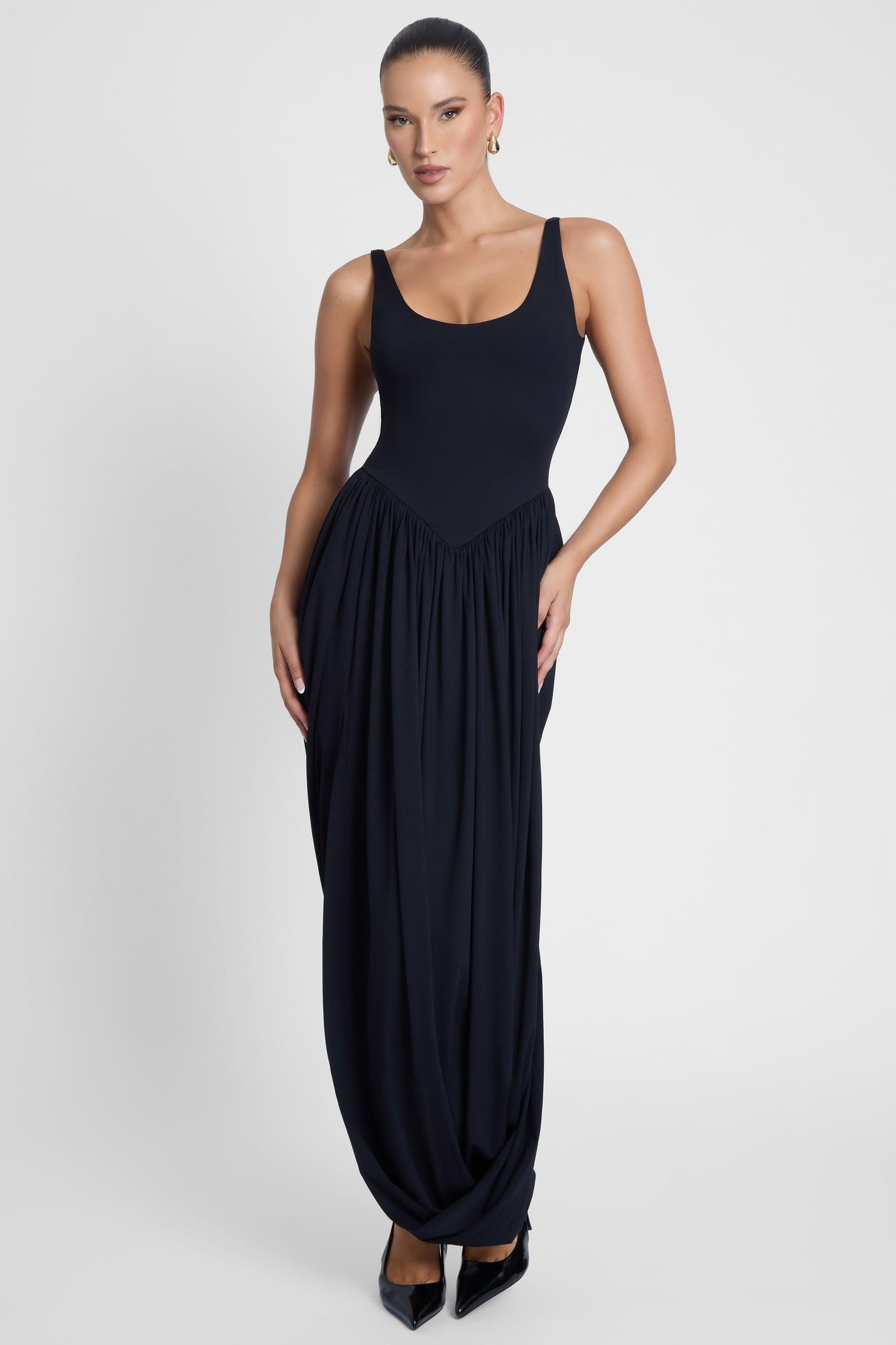 Dionysus Sculpt Drape Midi Dress - Black