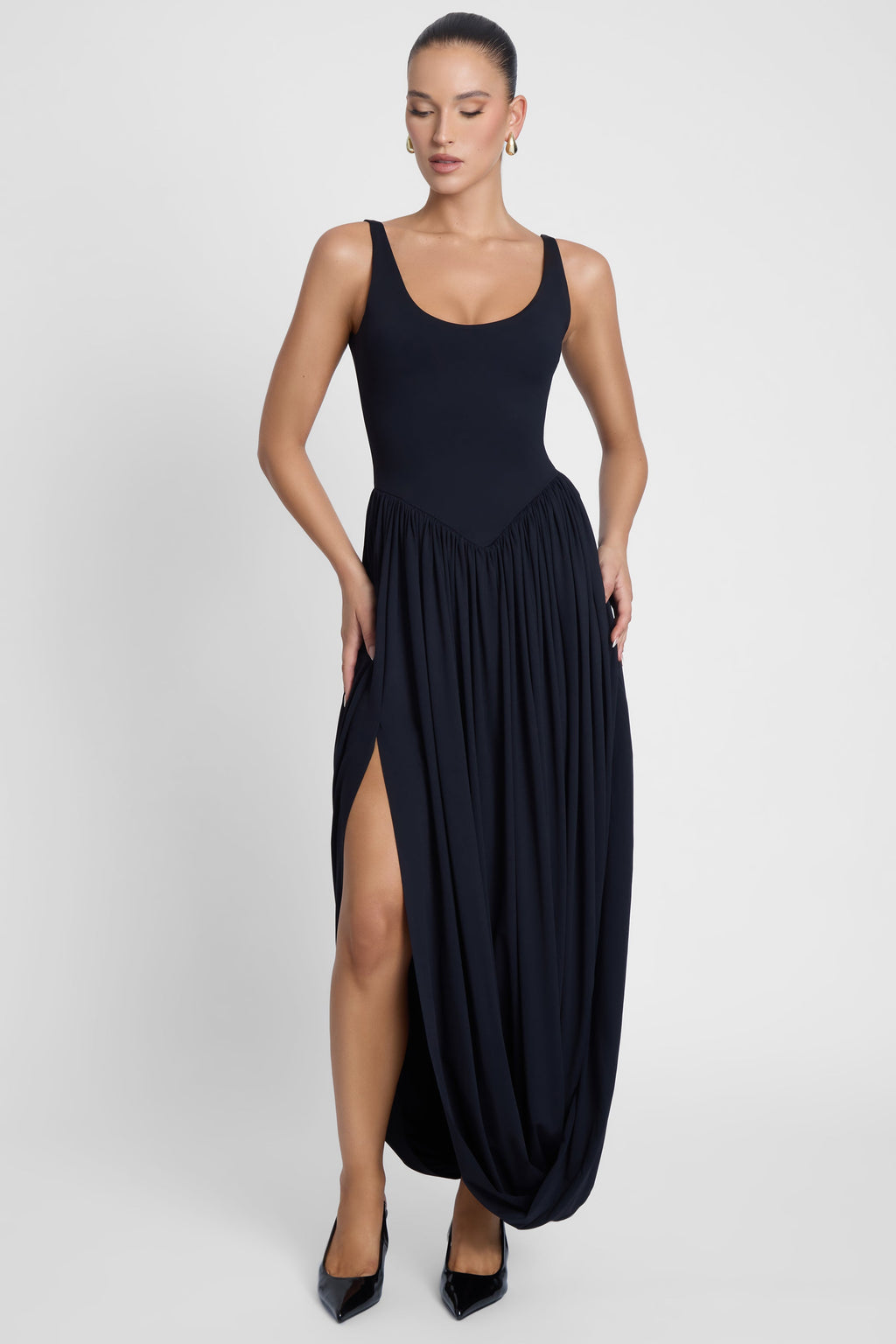 Dionysus Sculpt Drape Midi Dress - Black