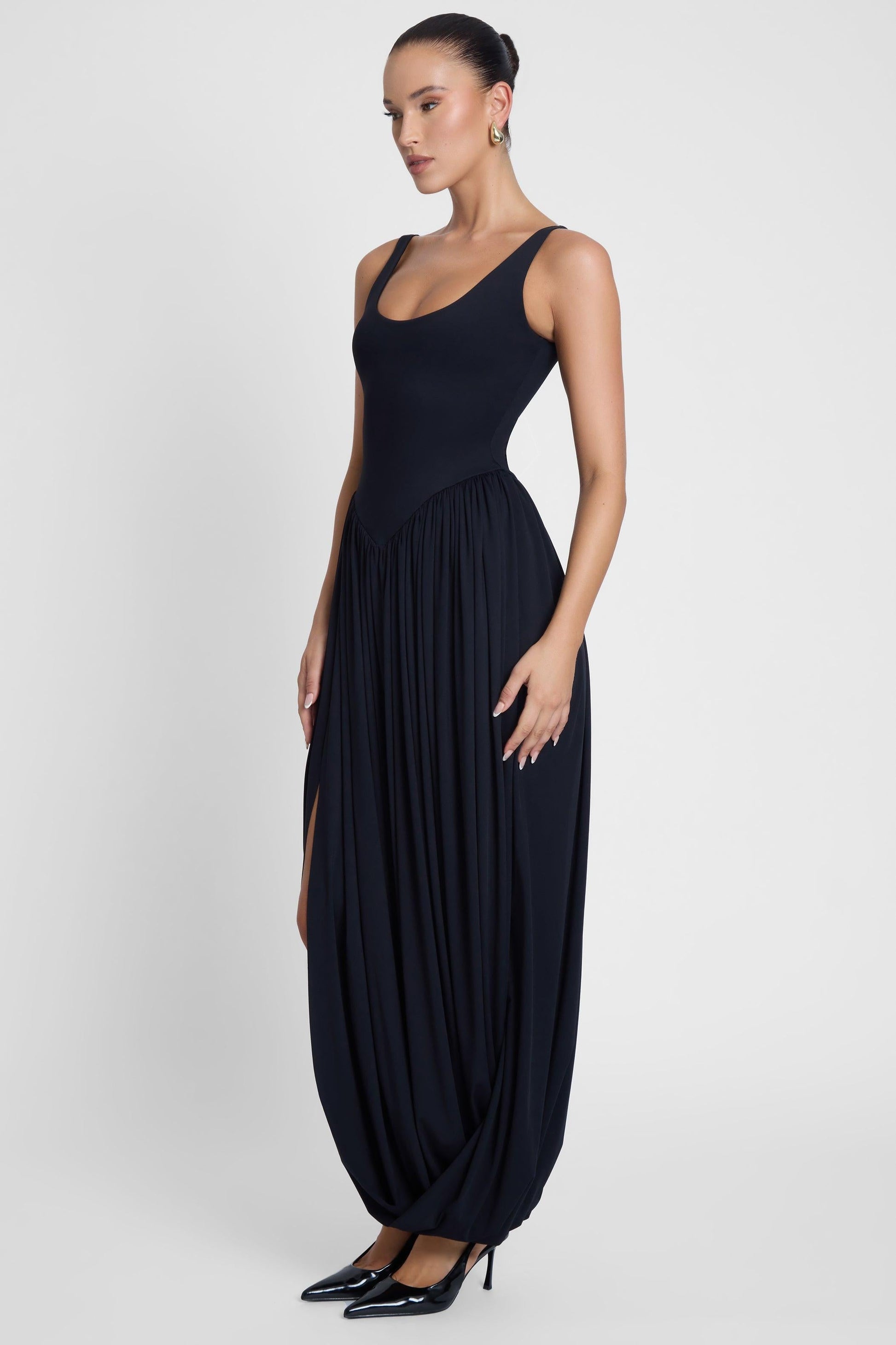 Dionysus Sculpt Drape Midi Dress - Black
