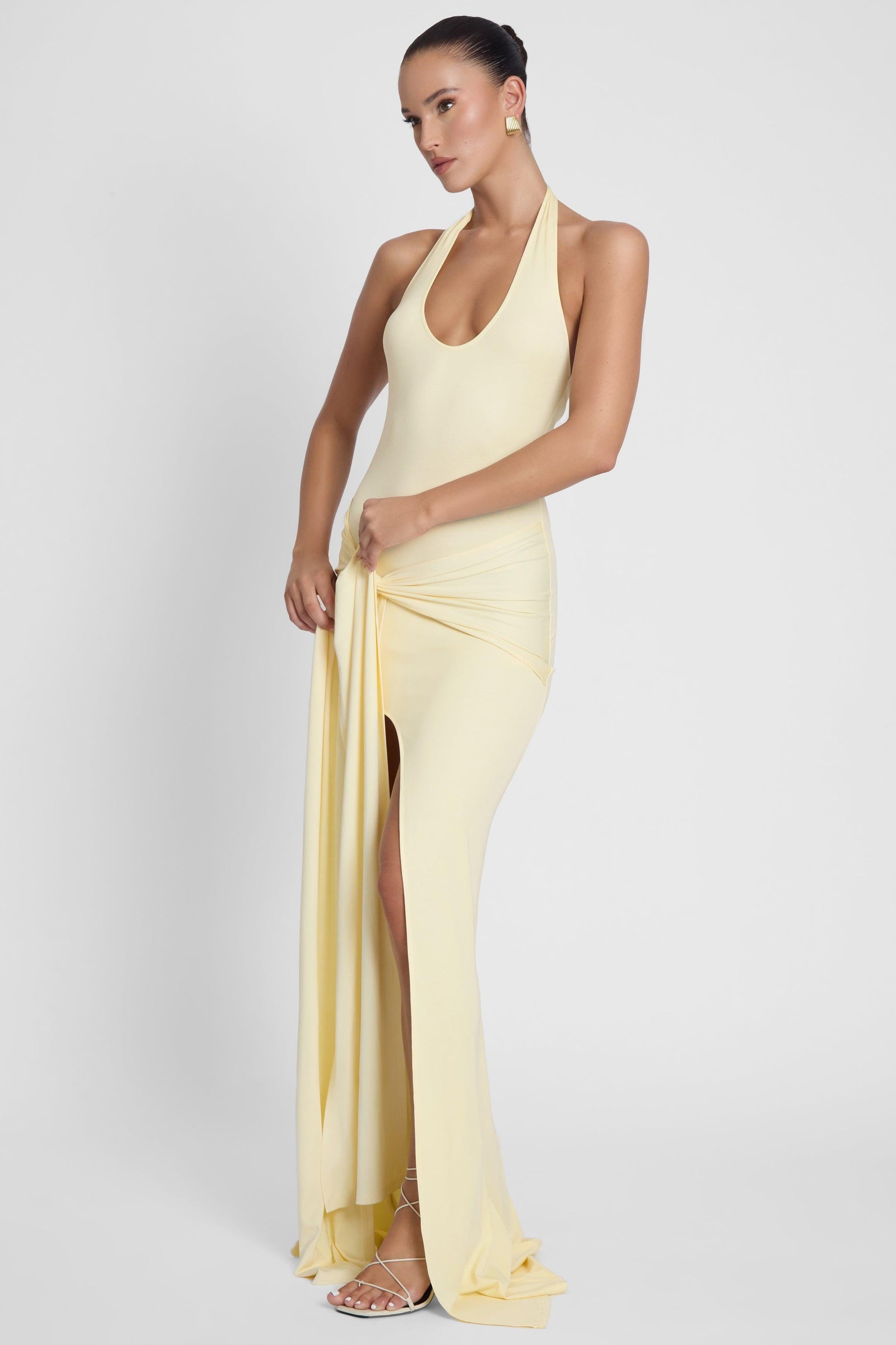 Heaven Halter Jersey Knot Maxi Dress - Yellow