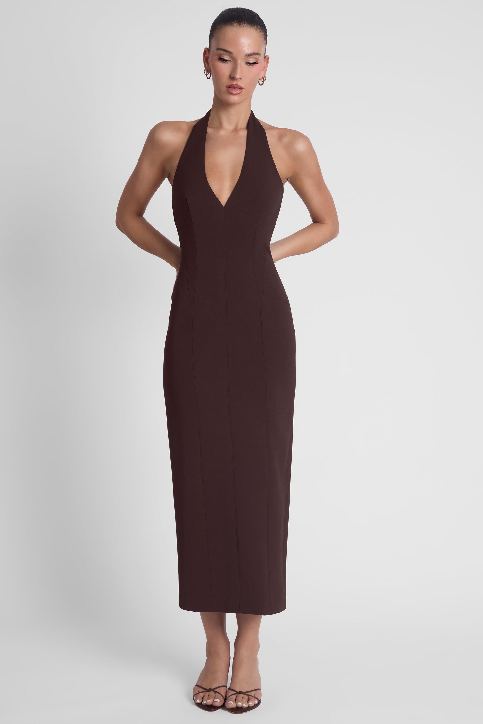 Heiress Halter Midi Dress - Chocolate Brown