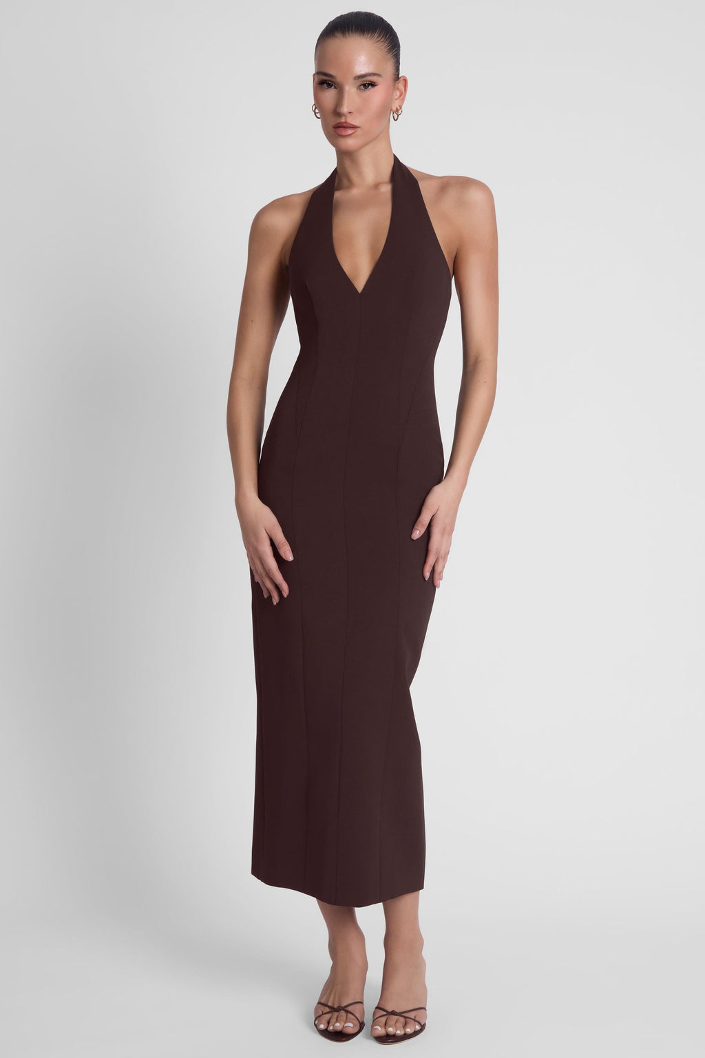 Heiress Halter Midi Dress - Chocolate Brown