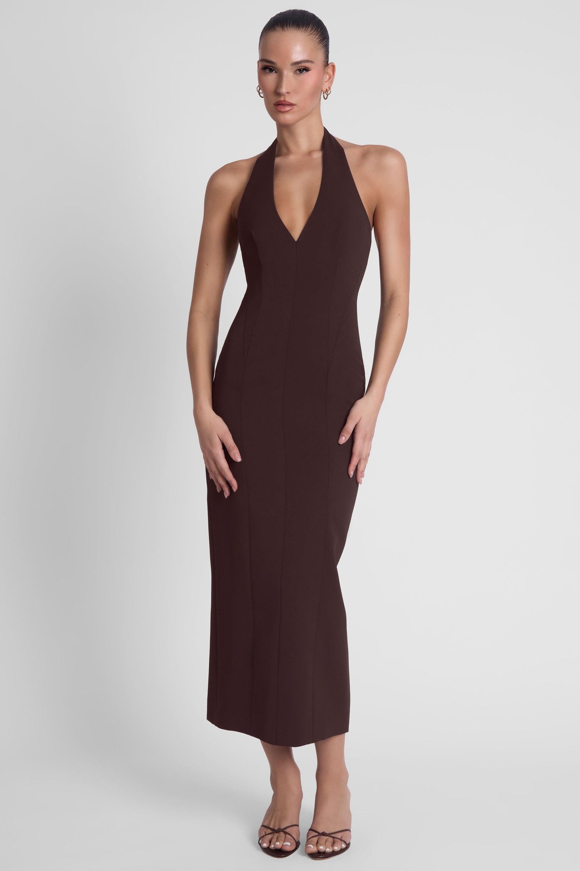Heiress Halter Midi Dress - Chocolate Brown
