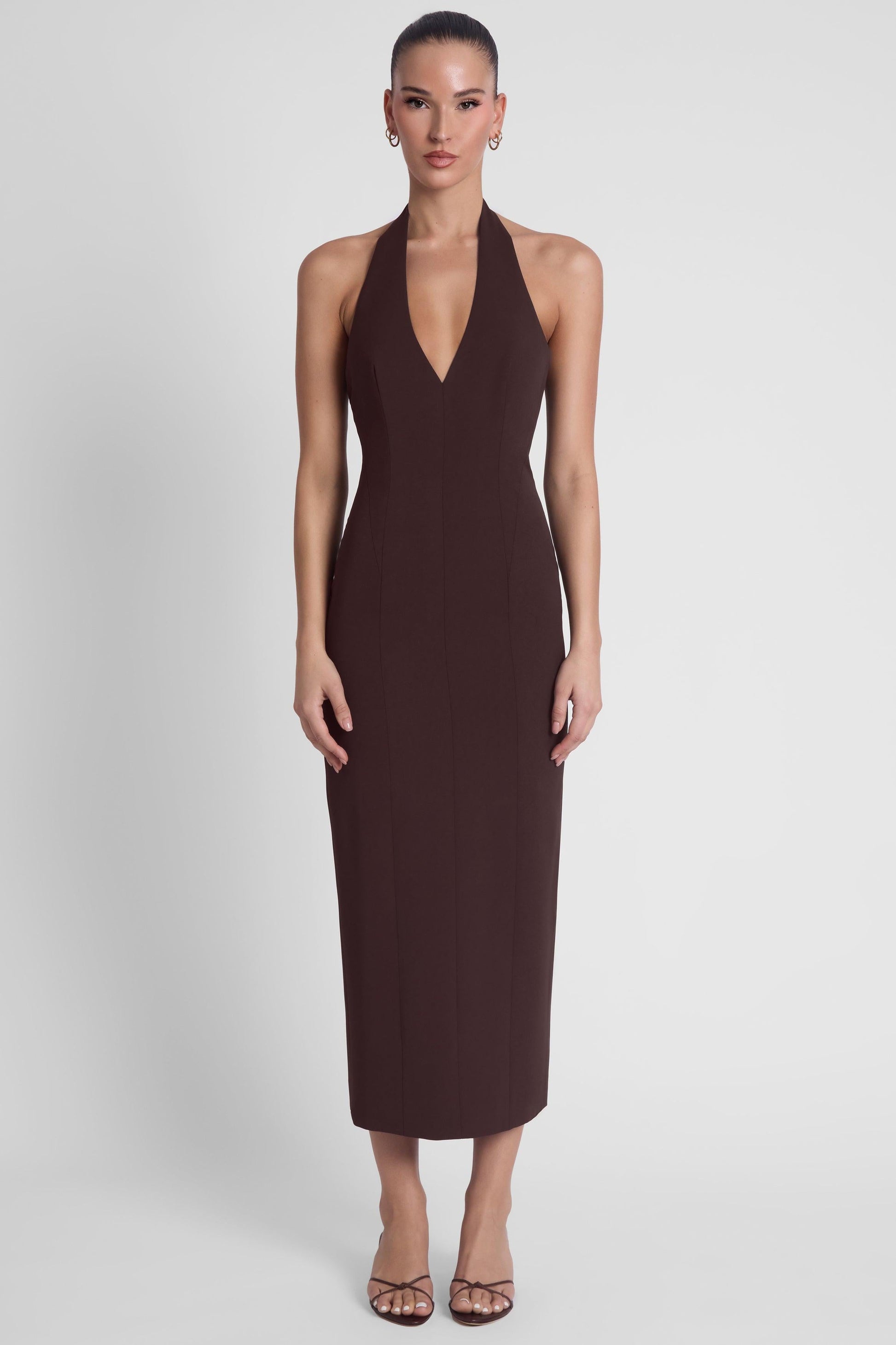Heiress Halter Midi Dress - Chocolate Brown