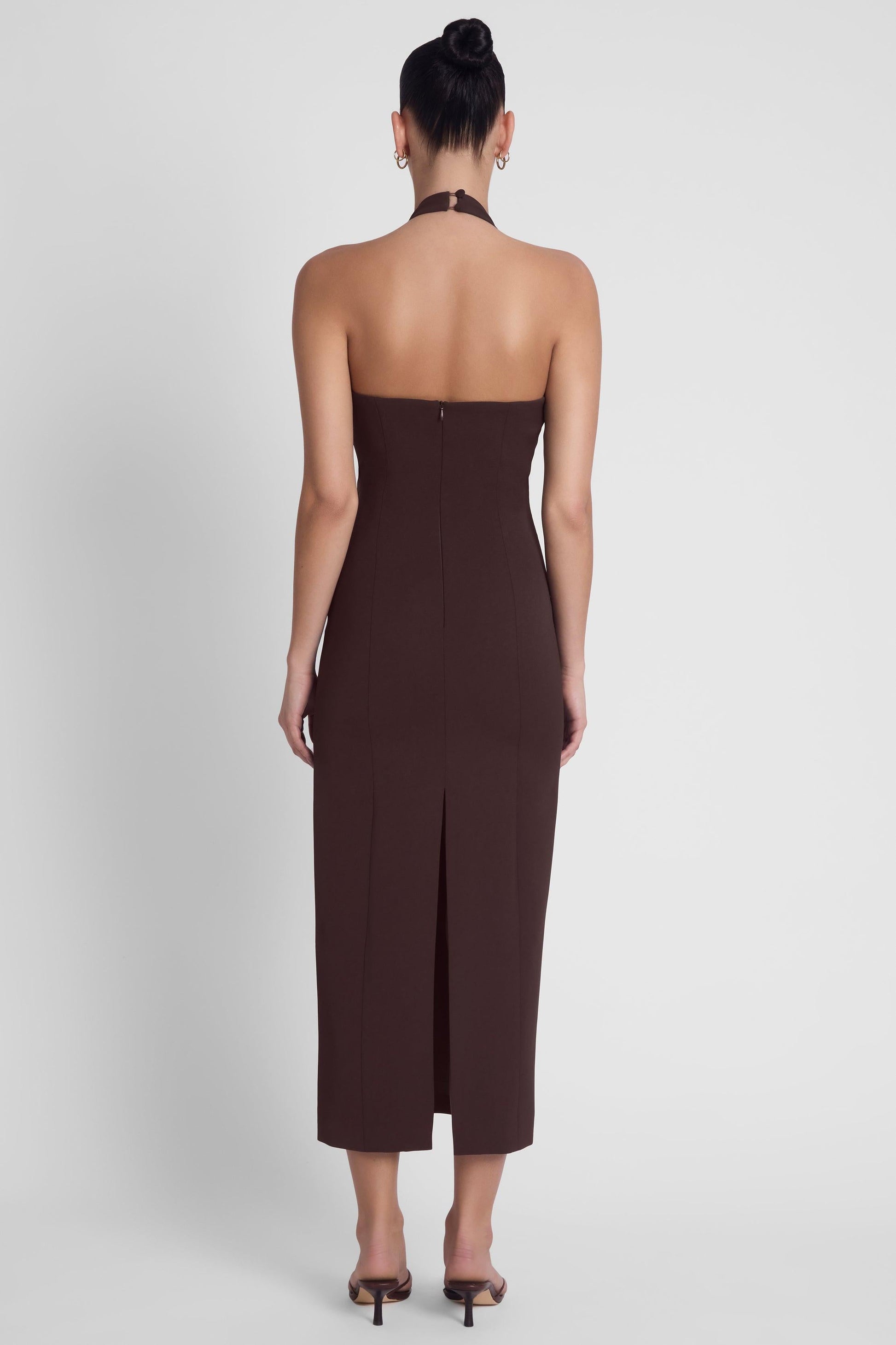 Heiress Halter Midi Dress - Chocolate Brown