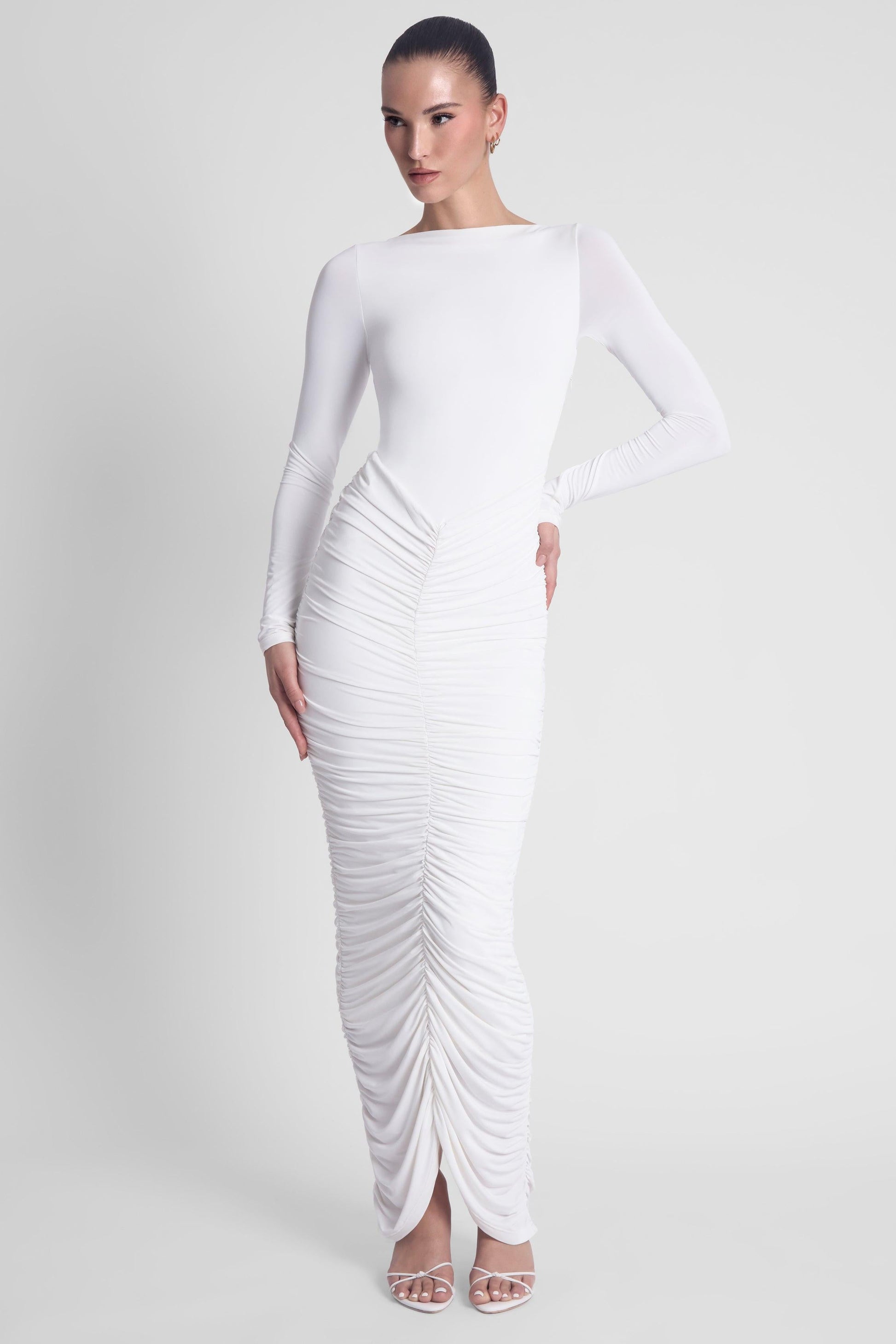 Rhea Ruche Maxi Dress - White