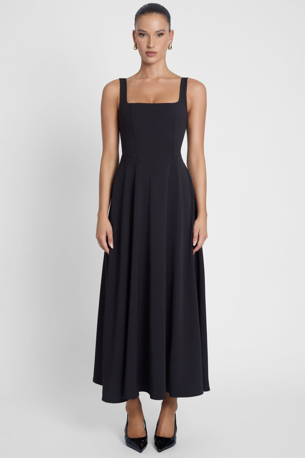 Serenity Square Neck Corset Midi Dress - Black