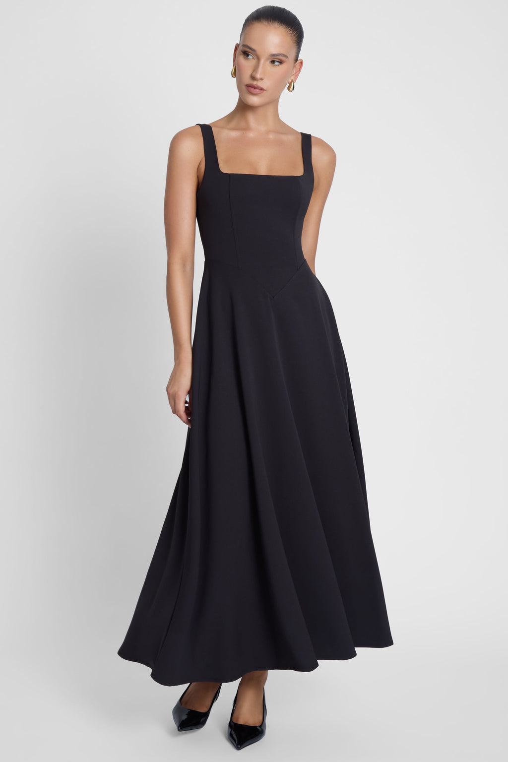 Serenity Square Neck Corset Midi Dress - Black
