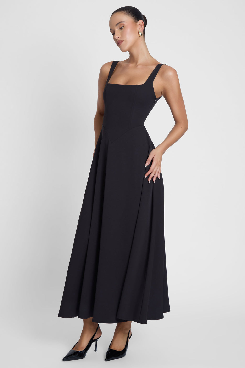 Serenity Square Neck Corset Midi Dress - Black