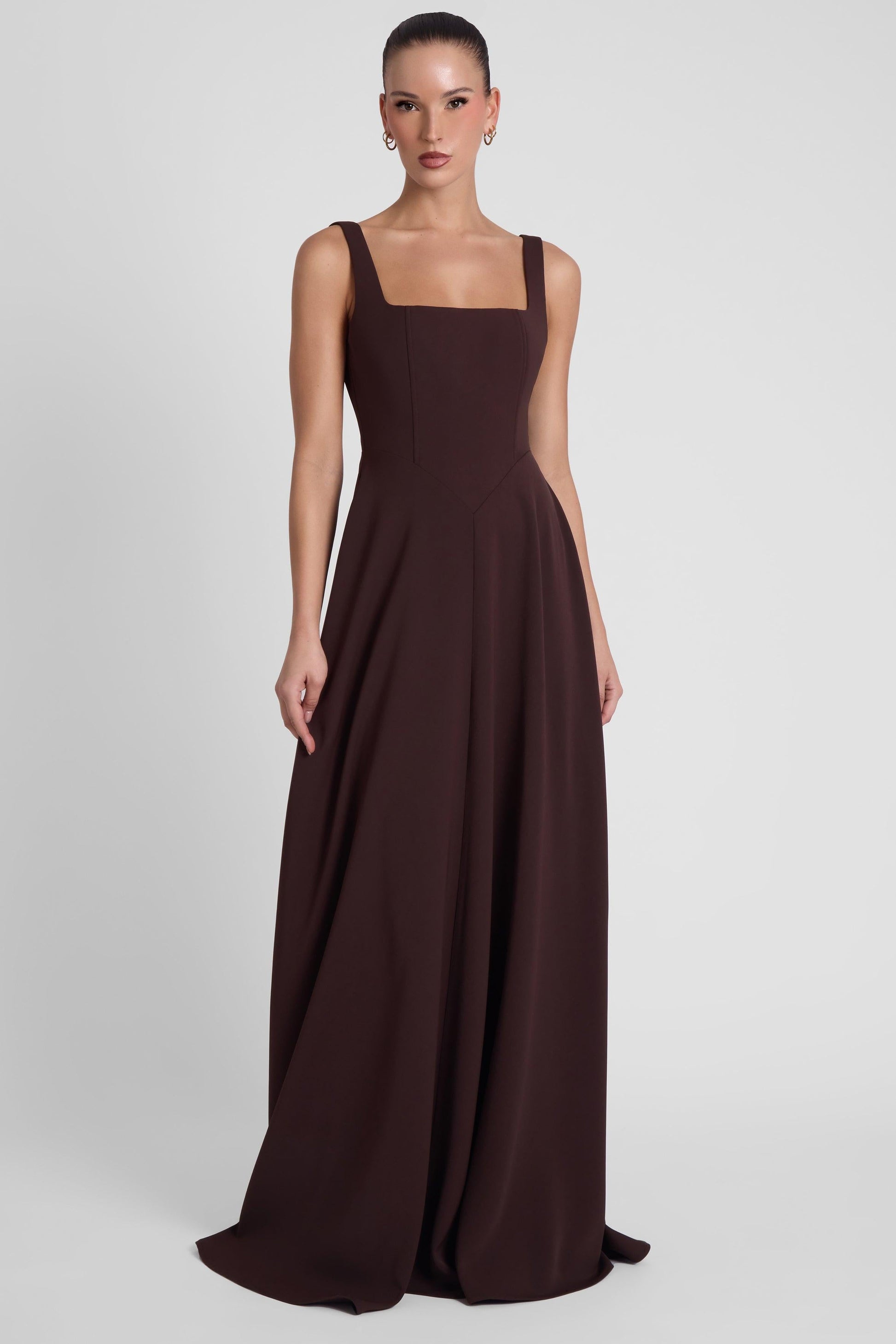 Siren Square Neck Corset Maxi Dress - Chocolate Brown