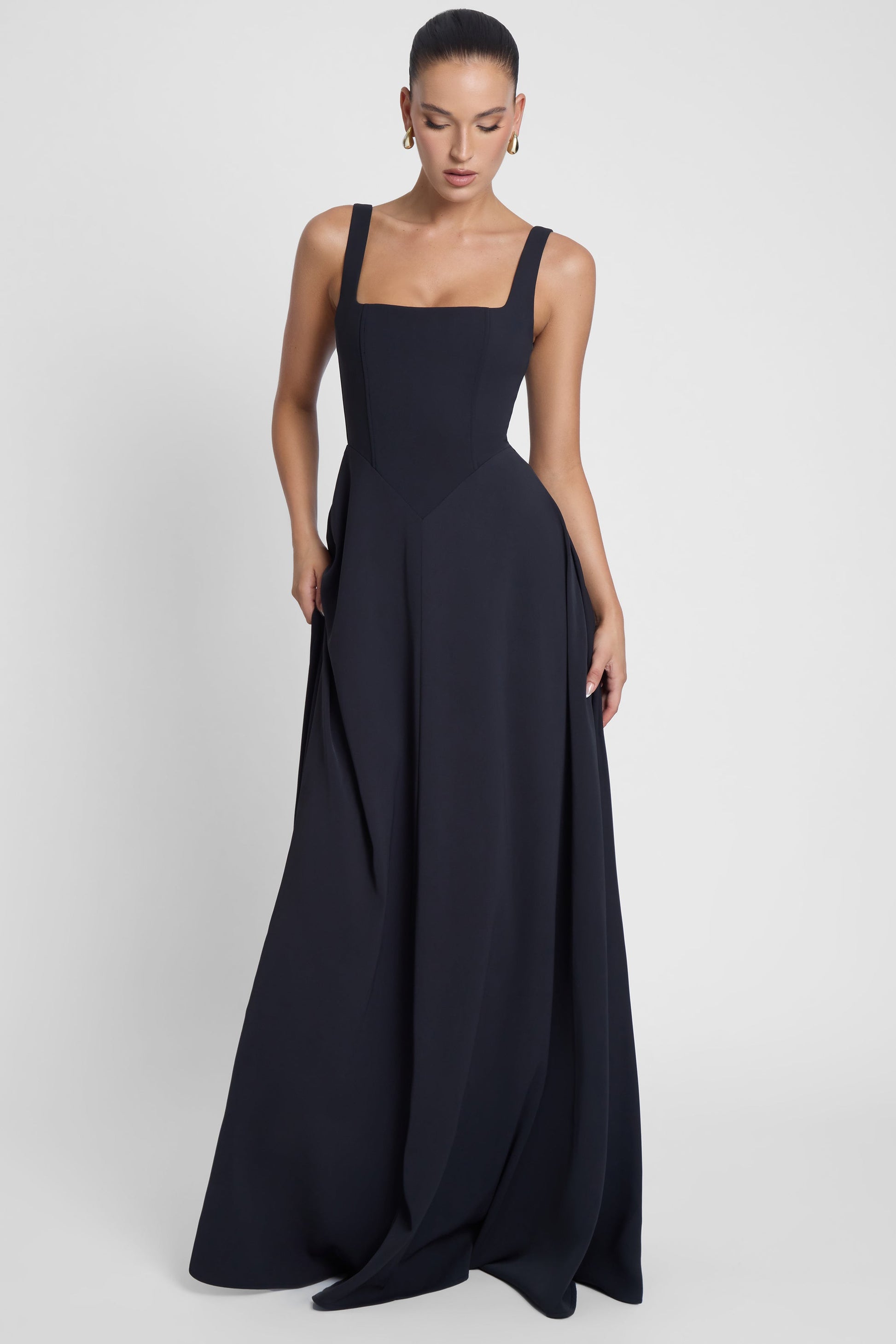 Siren Square Neck Corset Maxi Dress - Black