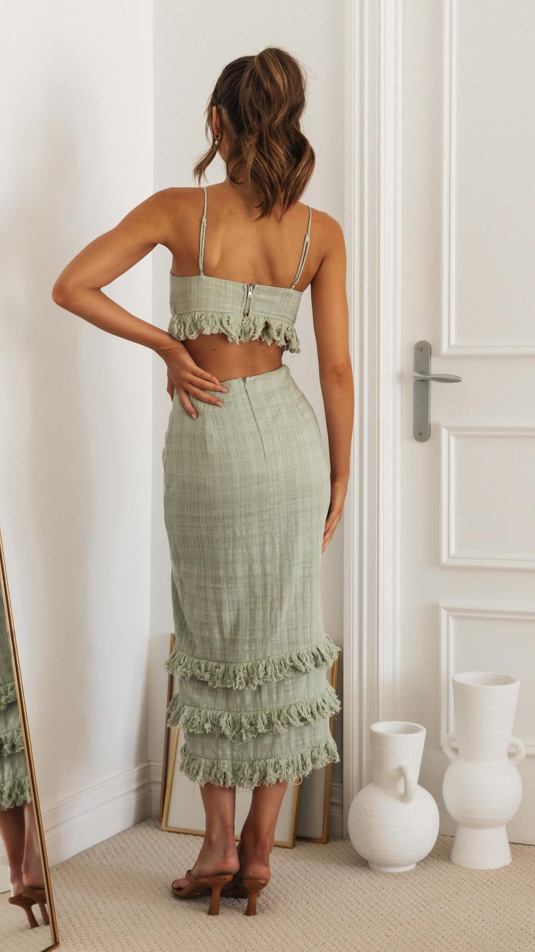 Toperth Sage Serenity Tasseled Midi Dress