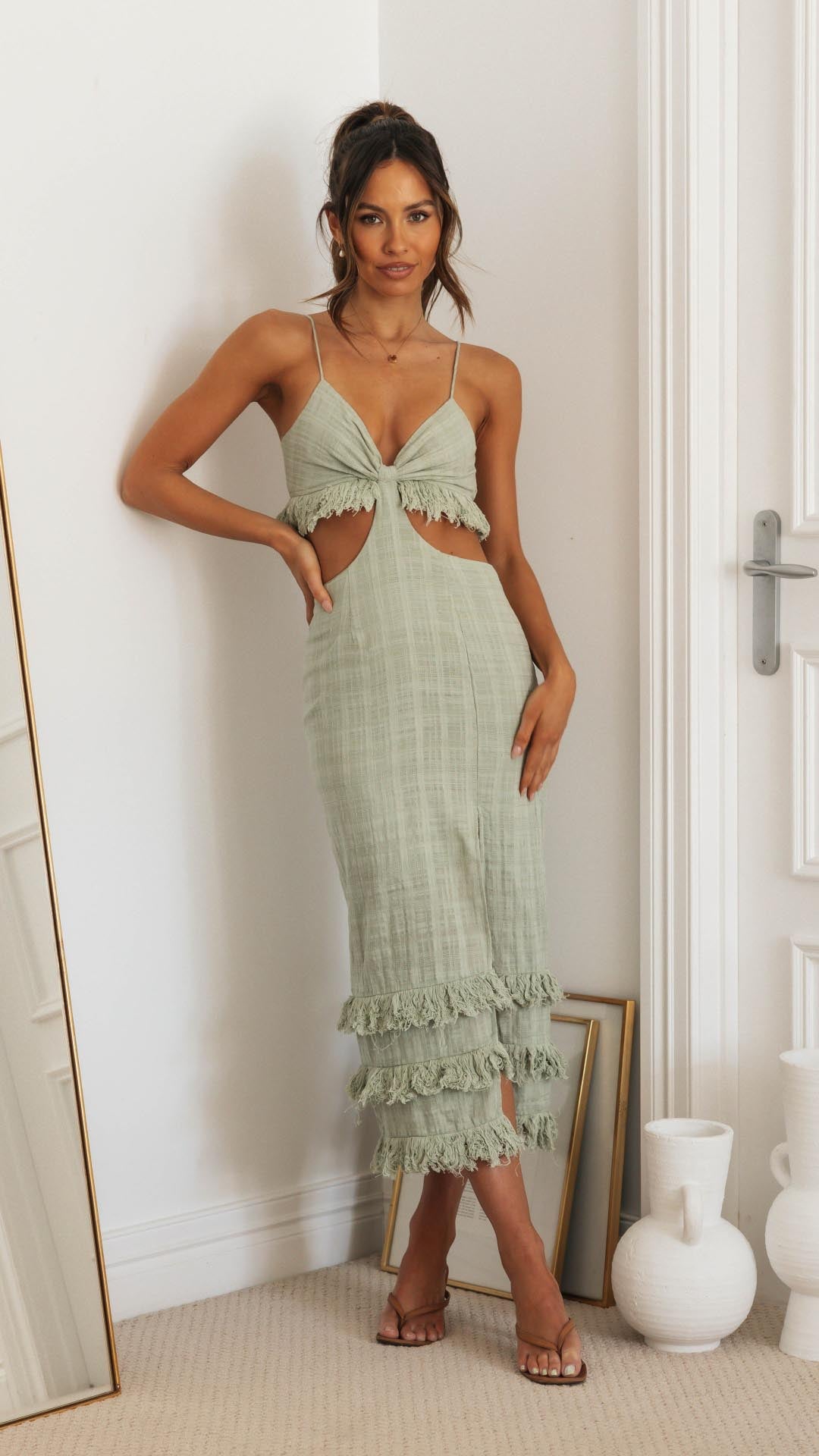 Toperth Sage Serenity Tasseled Midi Dress