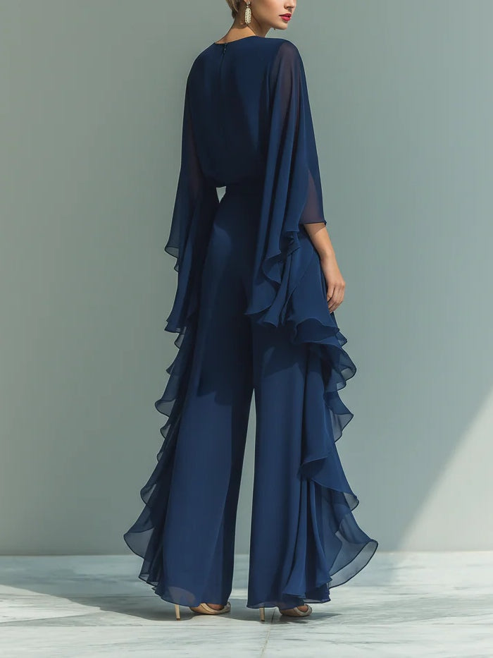 Navy Chiffon Bell-sleeve Top and Ruffled Straight-leg Pants Set
