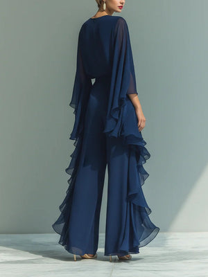 Navy Chiffon Bell-sleeve Top and Ruffled Straight-leg Pants Set