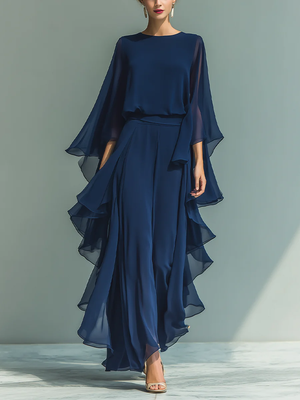 Navy Chiffon Bell-sleeve Top and Ruffled Straight-leg Pants Set