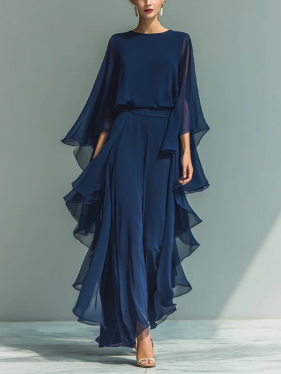 Navy Chiffon Bell-sleeve Top and Ruffled Straight-leg Pants Set