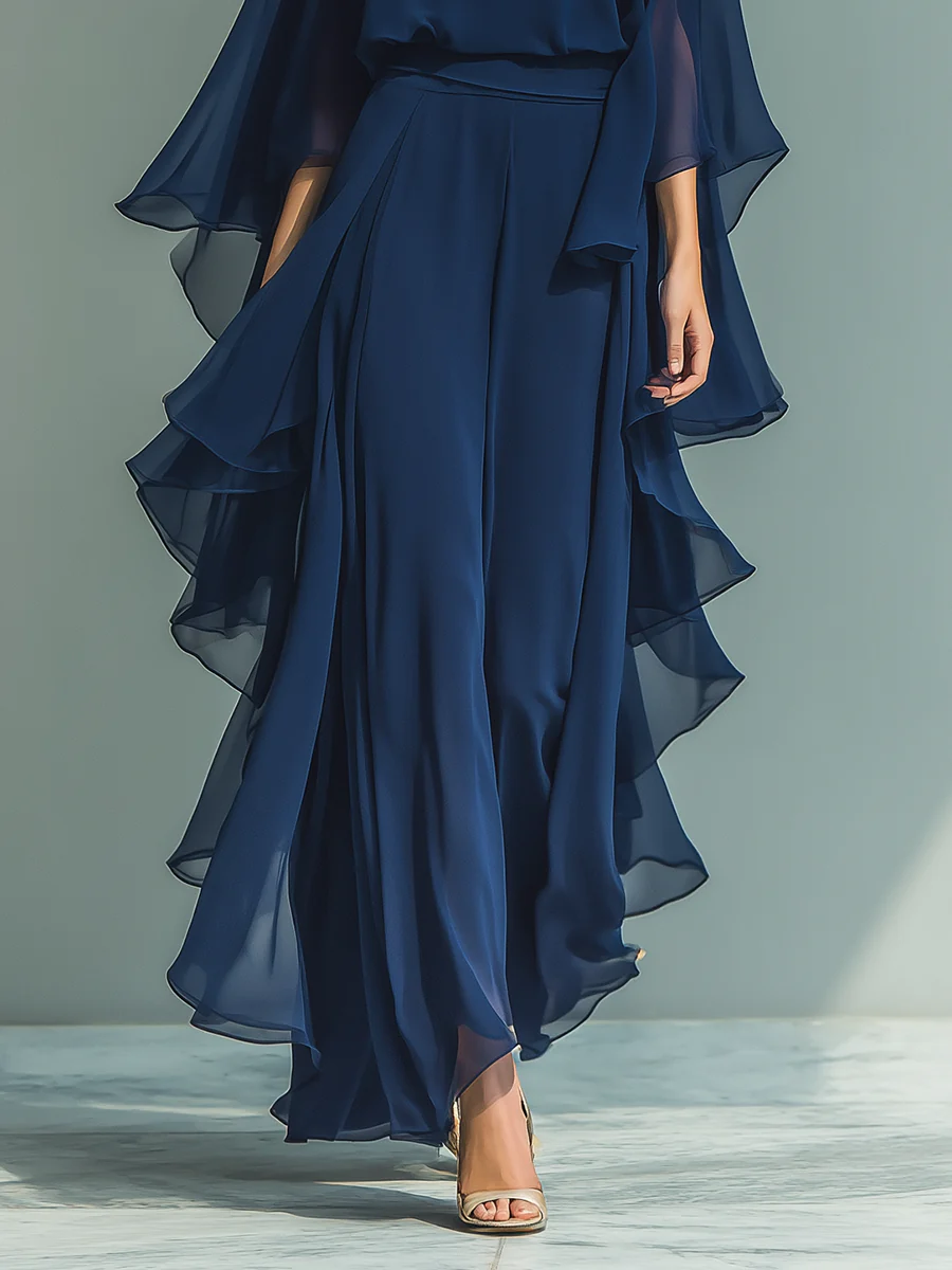 Navy Chiffon Bell-sleeve Top and Ruffled Straight-leg Pants Set