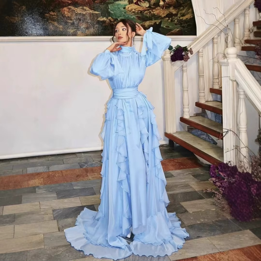 Topologon High Neck Lace Up Ruffle Maxi Dress