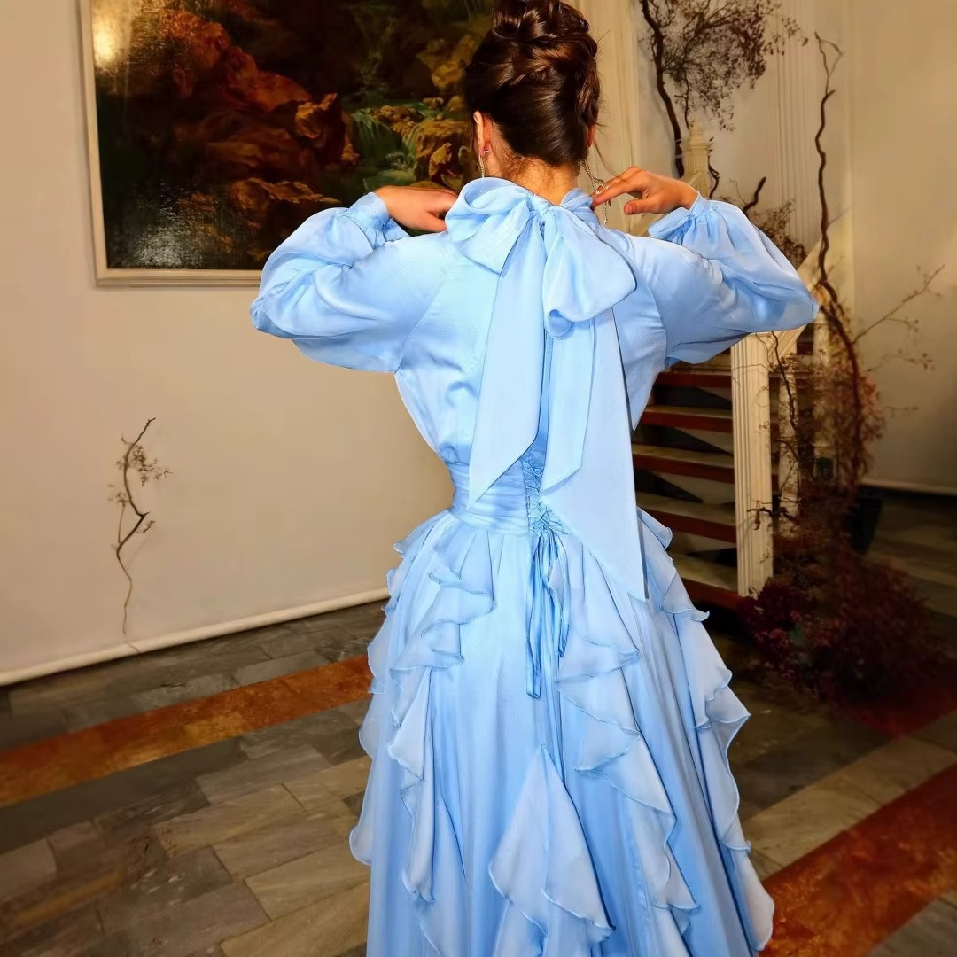 Topologon High Neck Lace Up Ruffle Maxi Dress