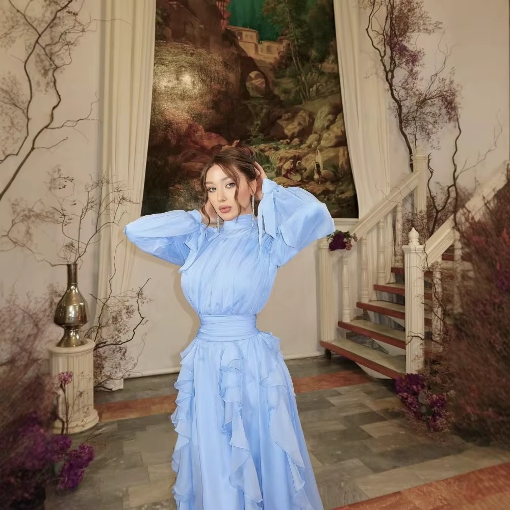 Topologon High Neck Lace Up Ruffle Maxi Dress