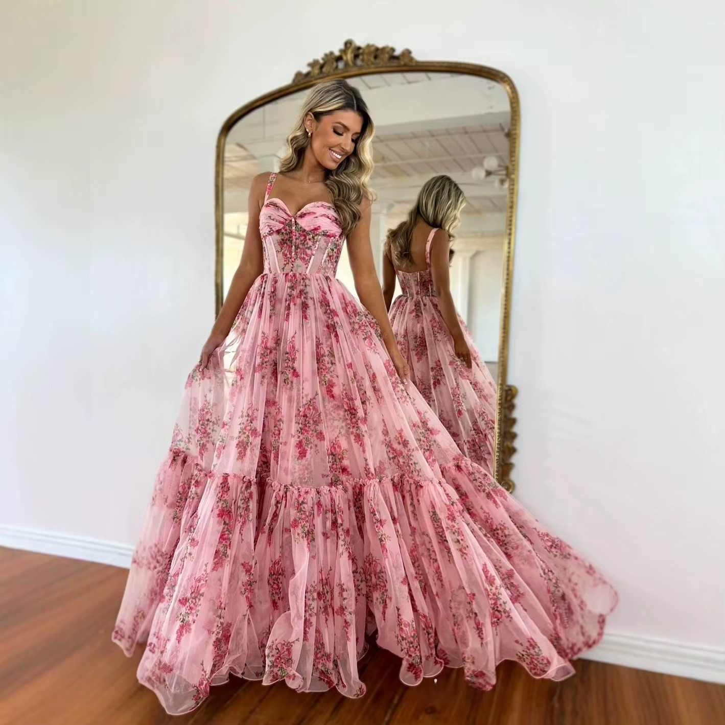 Danah Tulle Floral Print Corset Sweetheart Neck A-line Gown Maxi Dress