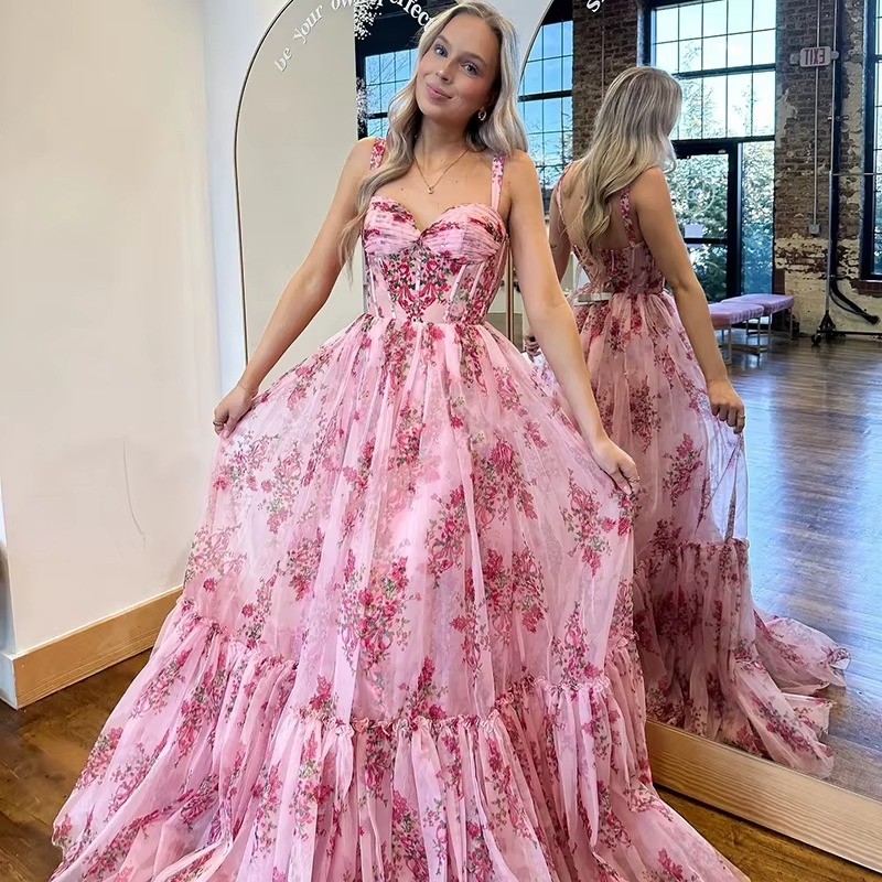 Danah Tulle Floral Print Corset Sweetheart Neck A-line Gown Maxi Dress