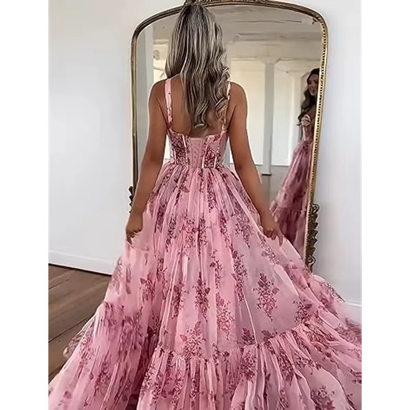 Danah Tulle Floral Print Corset Sweetheart Neck A-line Gown Maxi Dress