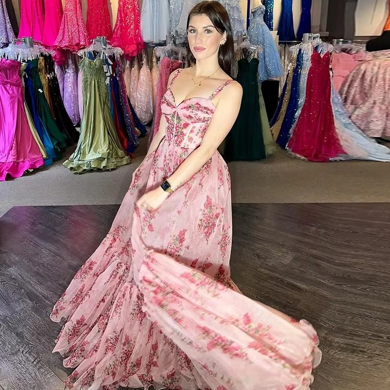 Danah Tulle Floral Print Corset Sweetheart Neck A-line Gown Maxi Dress