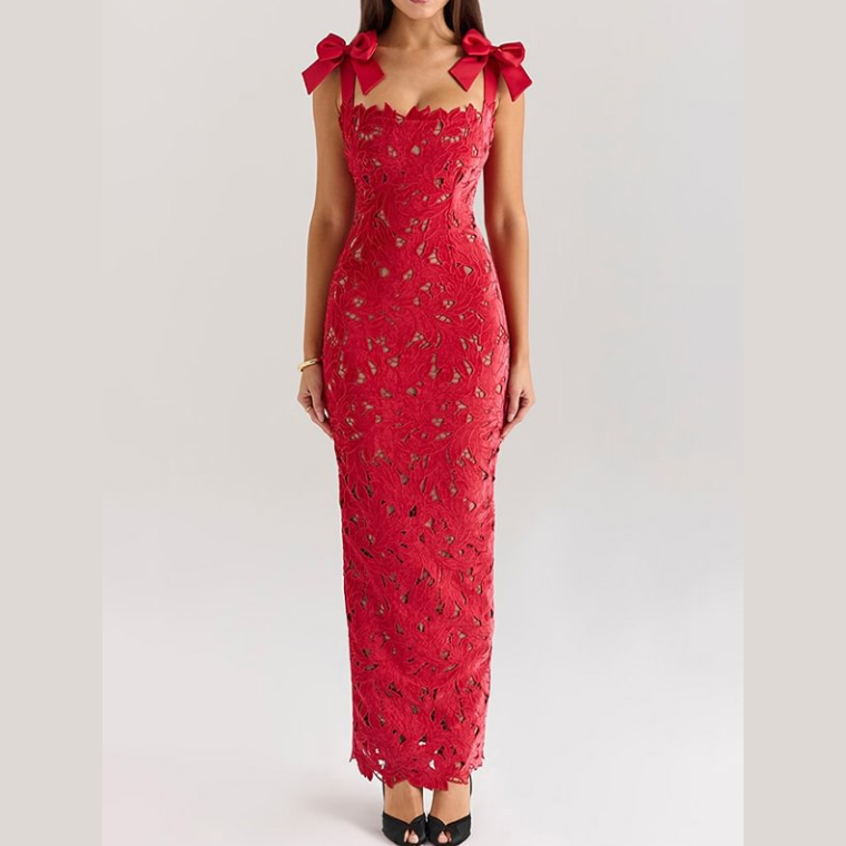 Lace Enchantment Bow-Shoulder Maxi Dress