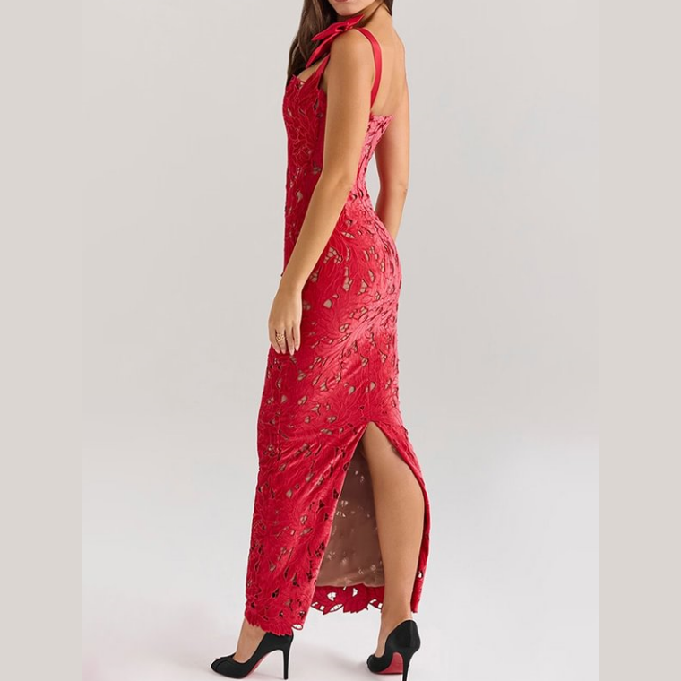 Lace Enchantment Bow-Shoulder Maxi Dress