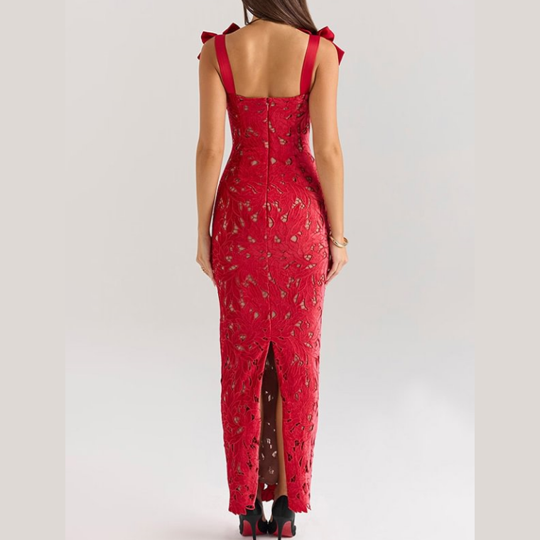 Lace Enchantment Bow-Shoulder Maxi Dress
