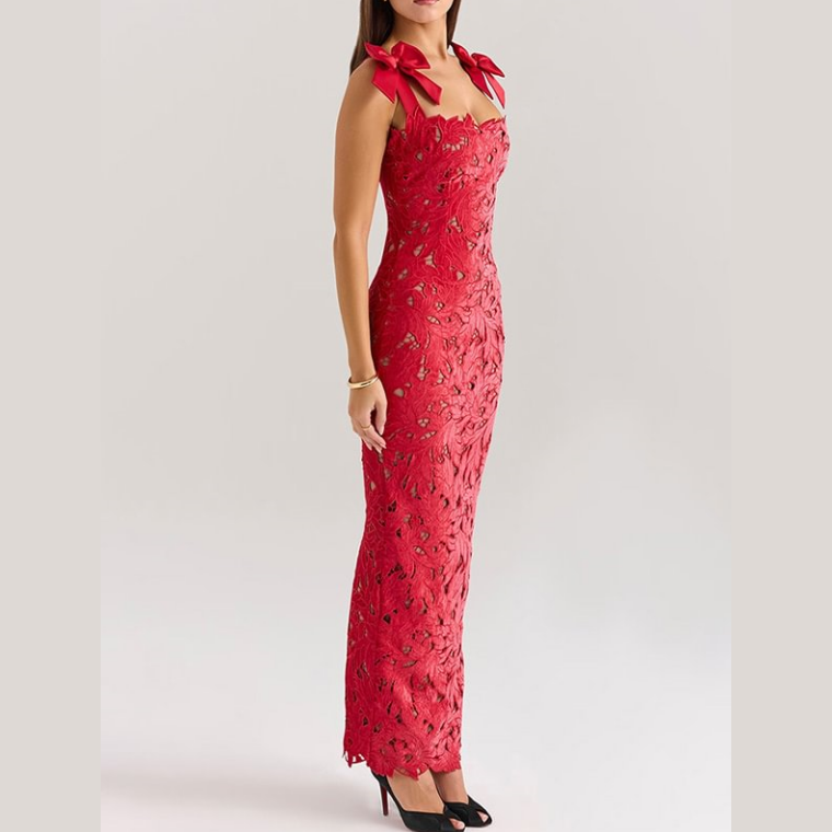 Lace Enchantment Bow-Shoulder Maxi Dress