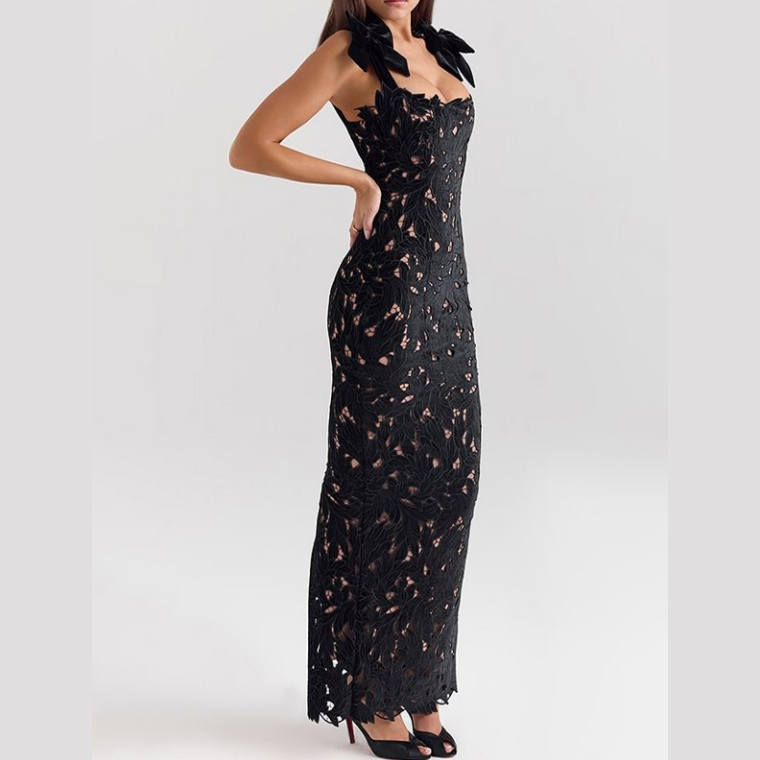 Lace Enchantment Bow-Shoulder Maxi Dress