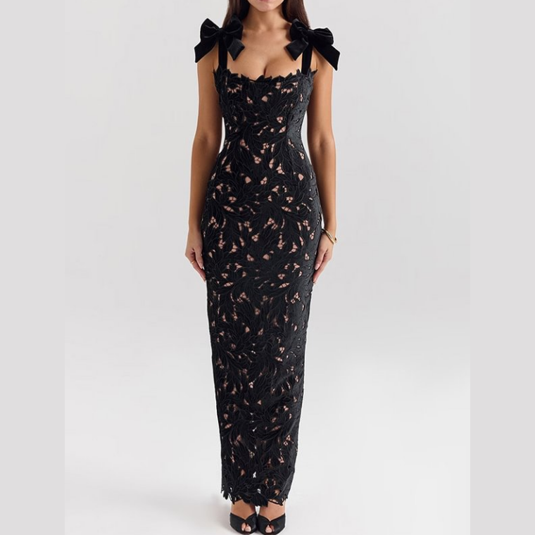Lace Enchantment Bow-Shoulder Maxi Dress