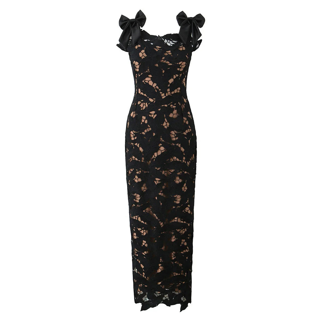 Lace Enchantment Bow-Shoulder Maxi Dress